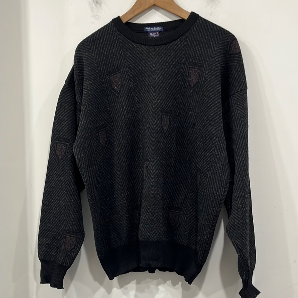 Vintage Gant Made in Scotland Wool Black Grey Pattern size Large